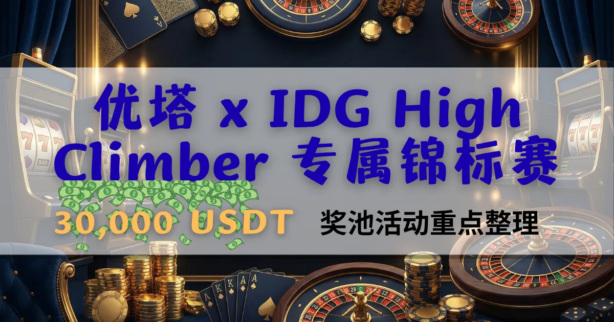 优塔娱乐城 IDG High Climber 专属锦标赛文章封面，画面包含赌场轮盘、老虎机、筹码与 30,000 USDT 奖池活动重点整理文字。